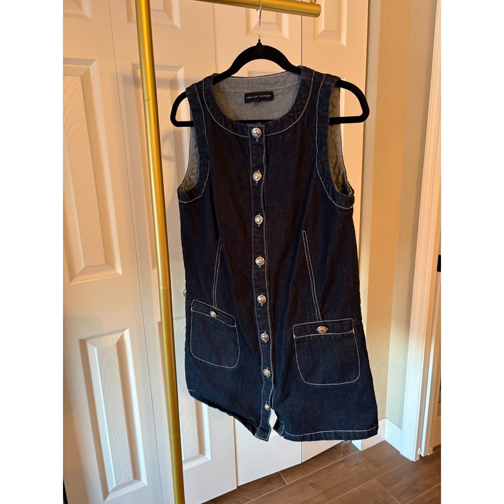 English Factory Denim Mini Dress Dark Wash Button Front Staple Classic Size M
